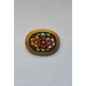 Vintage Russian Brooche Pin Hand Painted Flower Oval Wood Brooch Folk Art